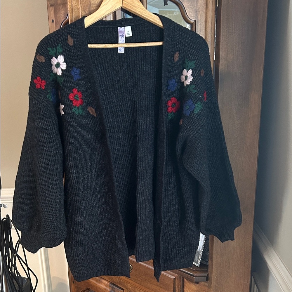 Alya Black Cardigan with Colorful Floral Design